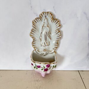 Fransk vievandskar i porcelæn med Madonna og guldkant